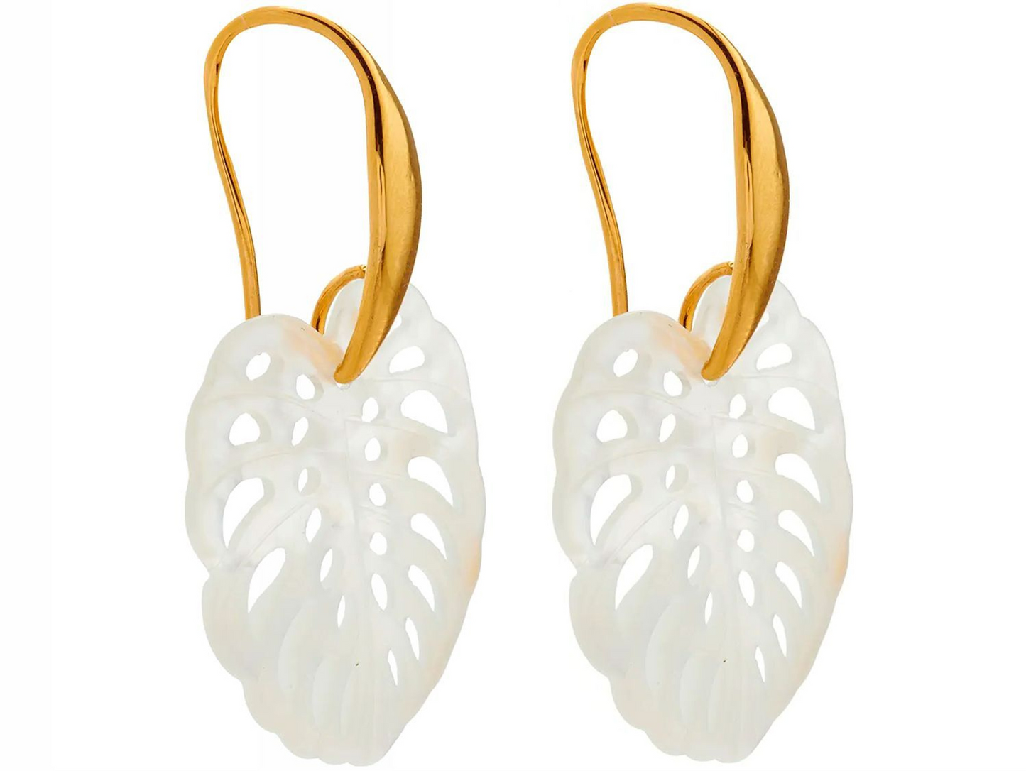 Gemshine earrings with tropical leaf pendant. White mother of pearl in high quality workmanship in silver or gold plated. Quality jewelry Made in Spain, Color:silver gold plated