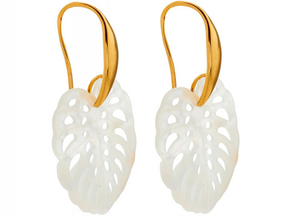 Gemshine earrings with tropical leaf pendant. White mother of pearl in high quality workmanship in silver or gold plated. Quality jewelry Made in Spain, Color:silver gold plated