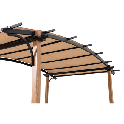 Steel Arched Metal Pergola with Natural Wood Looking Finish and Tan Shade