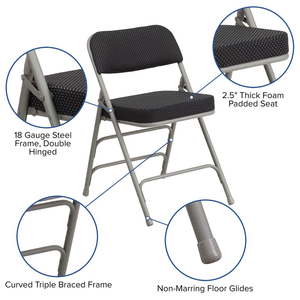 HERCULES Series Premium Curved Triple Braced & Double Hinged Black Pin-Dot Fabric Metal Folding Chair