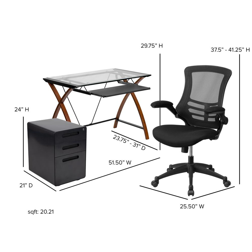 Work From Home Kit - Glass Desk with Keyboard Tray, Ergonomic Mesh Office Chair and Filing Cabinet with Lock & Inset Handles