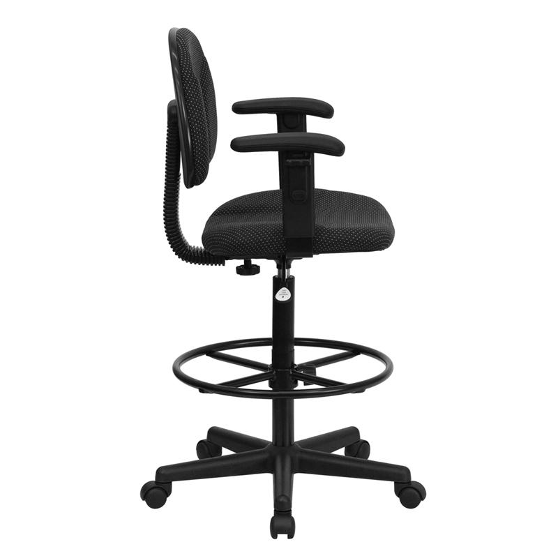 Black Patterned Fabric Drafting Chair with Adjustable Arms (Cylinders: 22.5''-27''H or 26''-30.5''H)