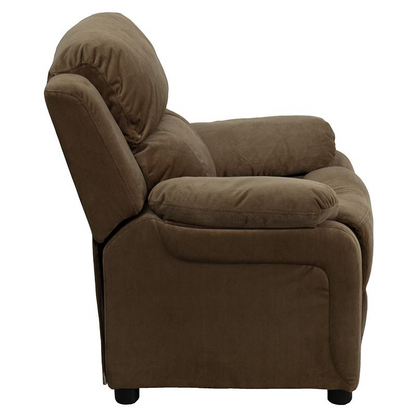 Deluxe Padded Contemporary Brown Microfiber Kids Recliner with Storage Arms