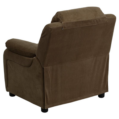 Deluxe Padded Contemporary Brown Microfiber Kids Recliner with Storage Arms