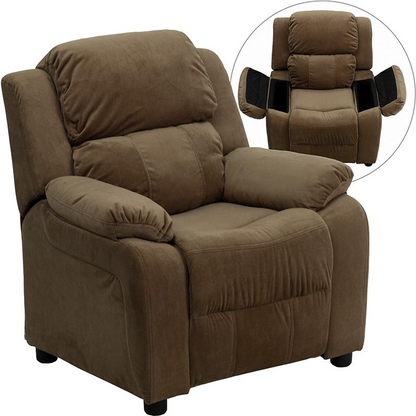 Deluxe Padded Contemporary Brown Microfiber Kids Recliner with Storage Arms