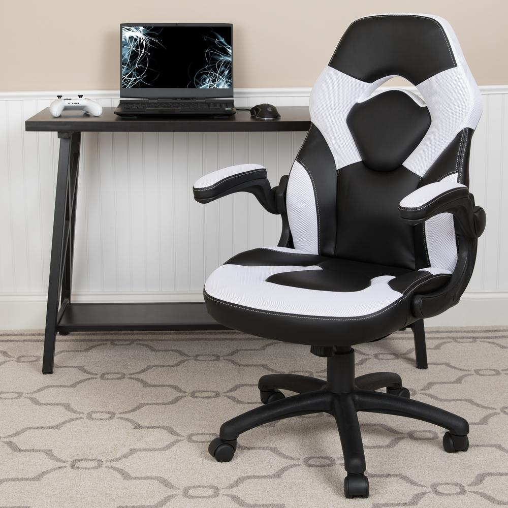 X10 Gaming Chair Racing Office Ergonomic Computer PC Adjustable Swivel Chair with Flip-up Arms, White/Black LeatherSoft