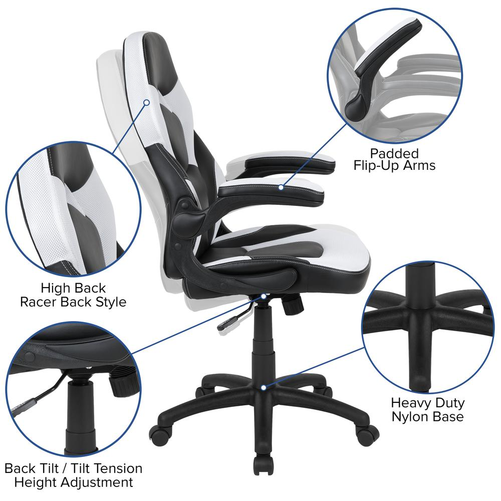 X10 Gaming Chair Racing Office Ergonomic Computer PC Adjustable Swivel Chair with Flip-up Arms, White/Black LeatherSoft