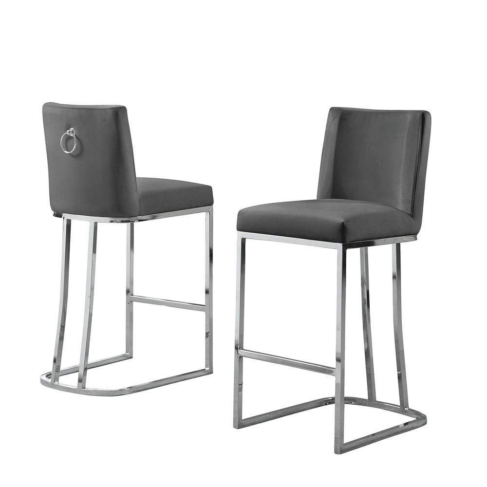 24" Velvet Counter Stool, Dark Grey, Chrome Base (Set of 2)