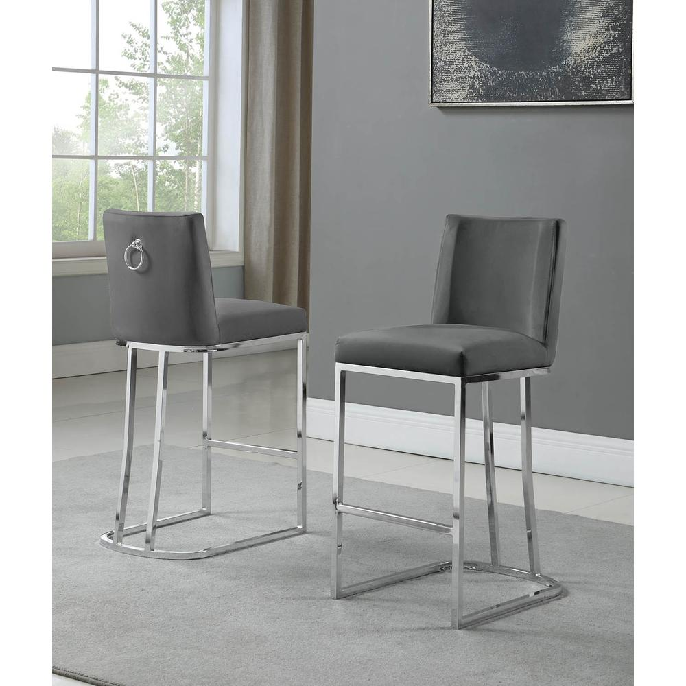 24" Velvet Counter Stool, Dark Grey, Chrome Base (Set of 2)