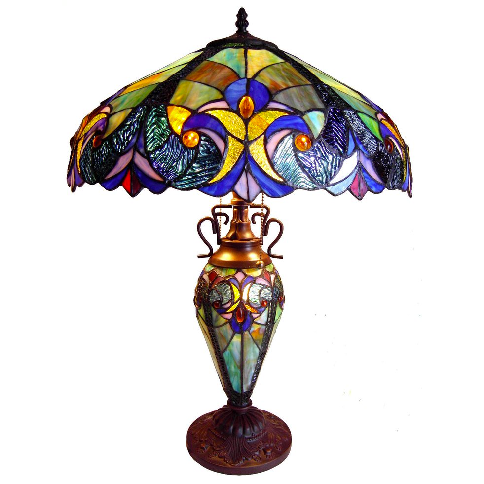 LIAISON Tiffany-style 3 Light Victorian Double Lit Table Lamp 18" Shade