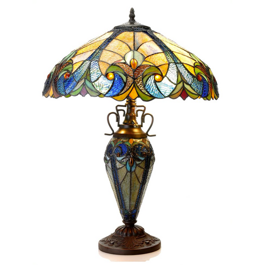 LIAISON Tiffany-style 3 Light Victorian Double Lit Table Lamp 18" Shade