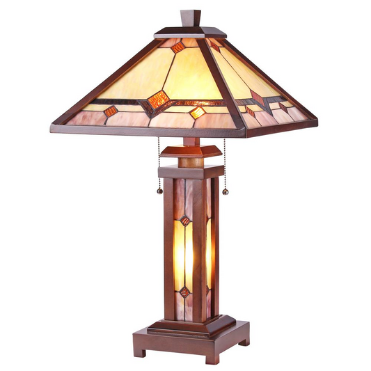 KAY Tiffany-style Mission 3 Light Double Lit Wooden Table Lamp 15" Shade