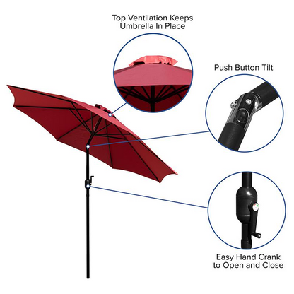 Red 9 FT Round Umbrella with 1.5" Diameter Aluminum Pole with Crank and Tilt Function