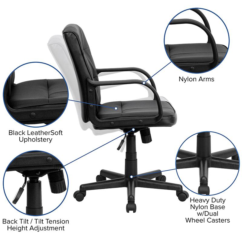 Mid-Back Black LeatherSoft Swivel Task Office Chair w/ Arms