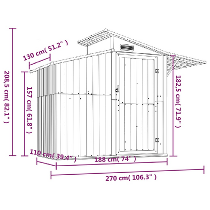 vidaXL Garden Shed Anthracite 106.3"x51.2"x82.1" Galvanized Steel