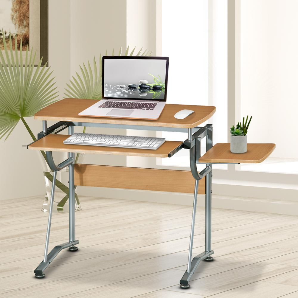 Compact Computer Desk With Side Shelf And Keyboard Panel. Color: Cherry