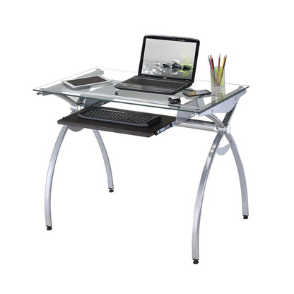 Contempo Clear Glass Top Computer Desk With Pull Out Keyboard Panel. Color: Clear