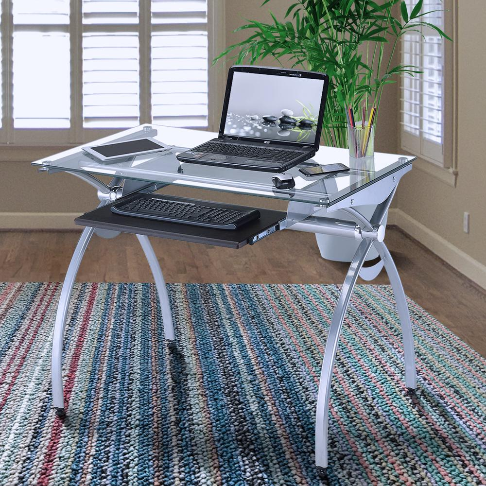 Contempo Clear Glass Top Computer Desk With Pull Out Keyboard Panel. Color: Clear