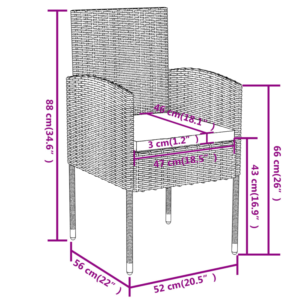 vidaXL 3 Piece Patio Dining Set Poly Rattan Black