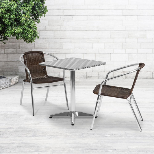 23.5'' Square Aluminum Indoor-Outdoor Table Set with 2 Dark Brown Rattan Chairs