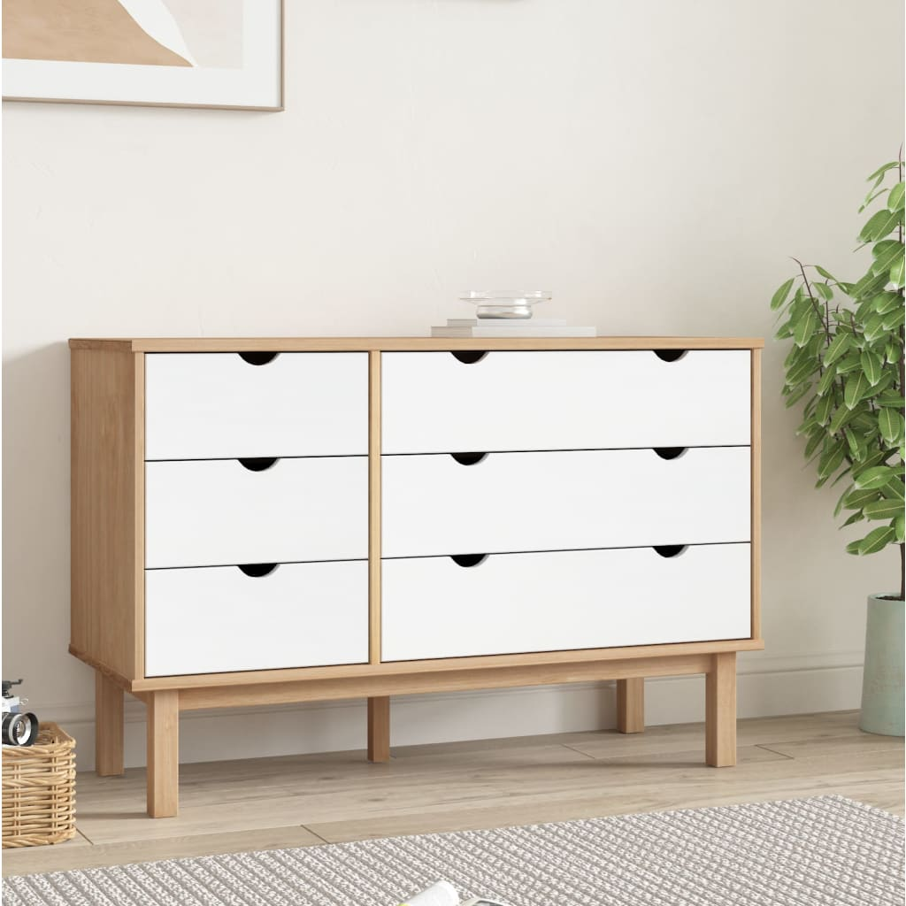 vidaXL Drawer Cabinet OTTABrown&White 43.7"x16.5"x28.9" Solid Wood Pine