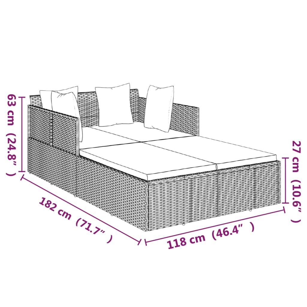 vidaXL Sunbed with Cushions Black 71.7"x46.5"x24.8" Poly Rattan