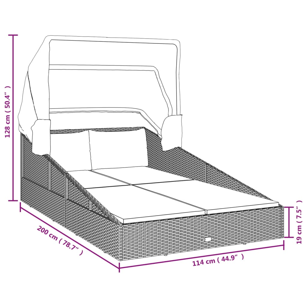 vidaXL Sunbed with Foldable Roof Brown 78.7"x44.9"x50.4" Poly Rattan