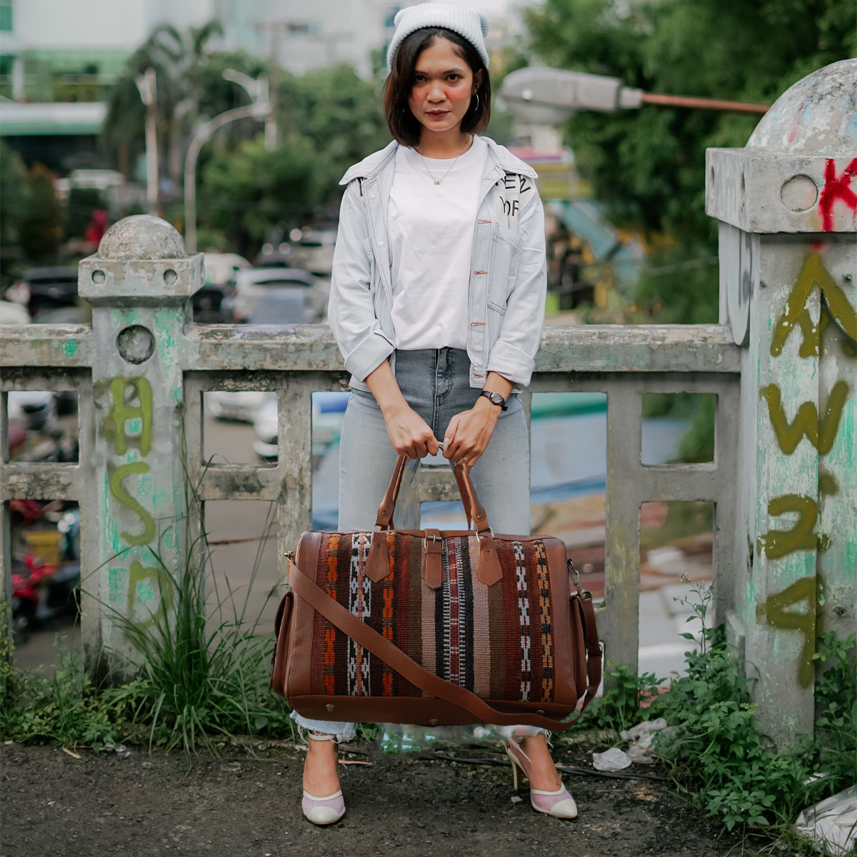 Kilim Leather Pastel Brown Duffle Bag