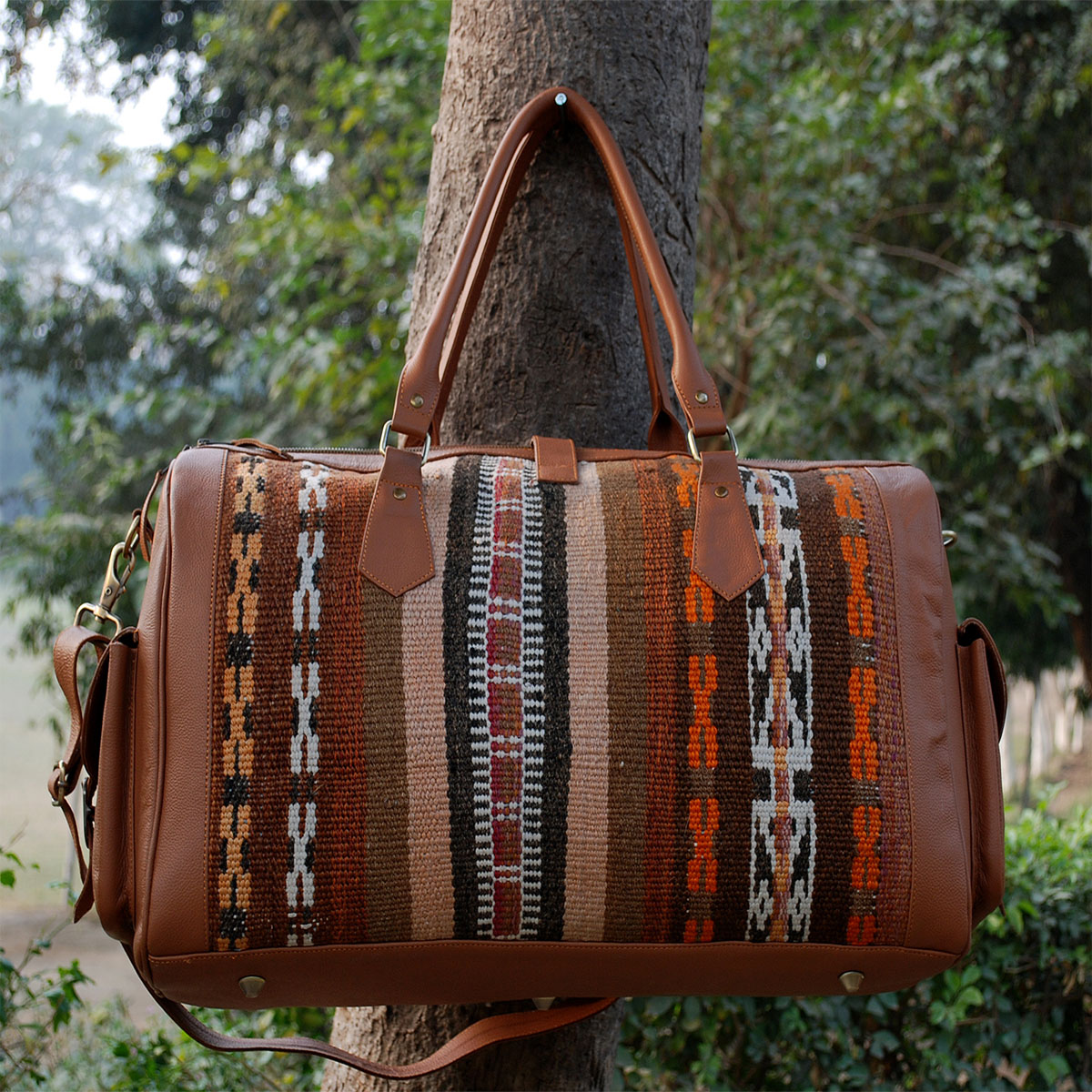 Kilim Leather Pastel Brown Duffle Bag