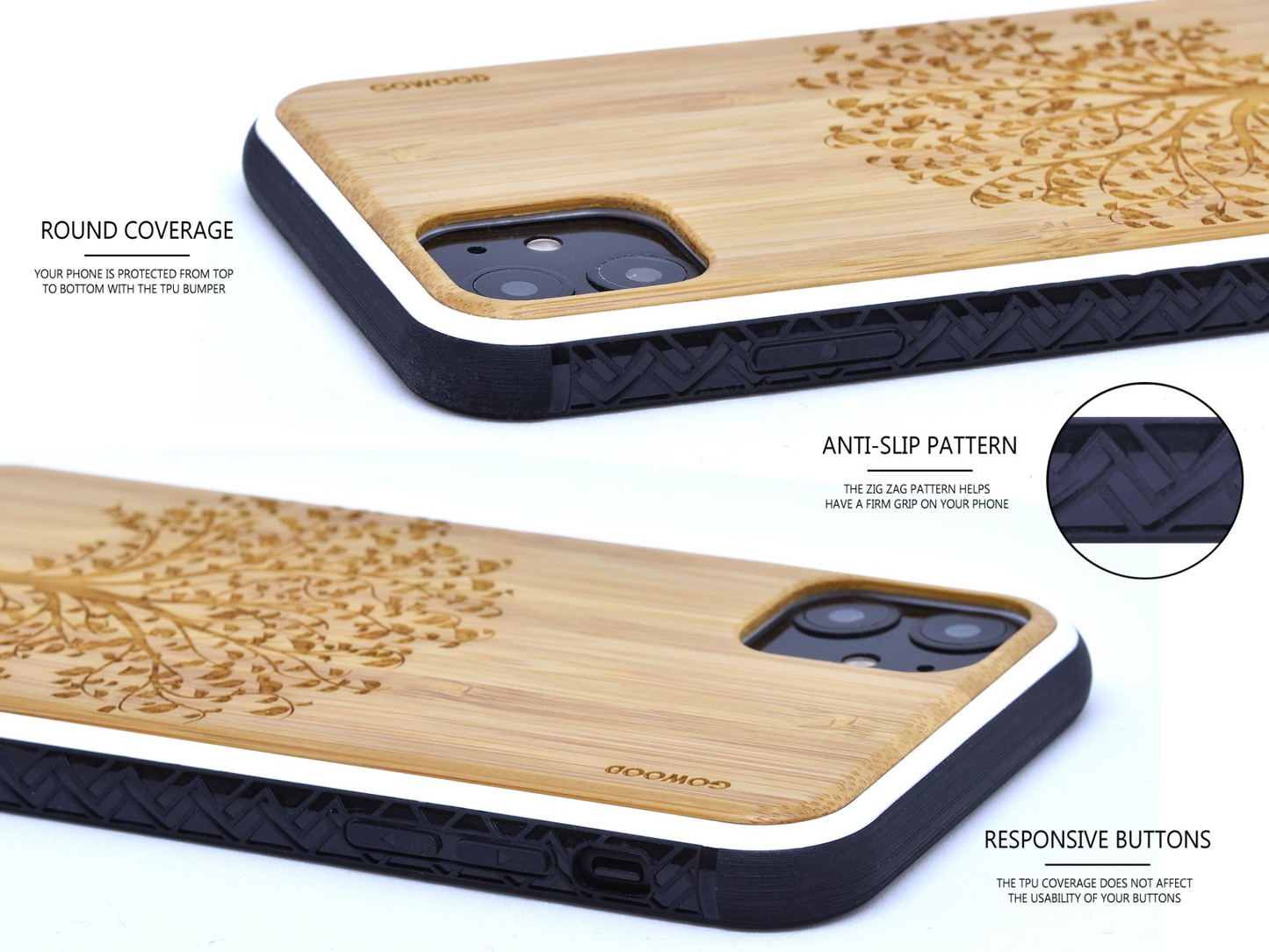 iPhone 11 wood case tree engraved bamboo backside with TPU bumper