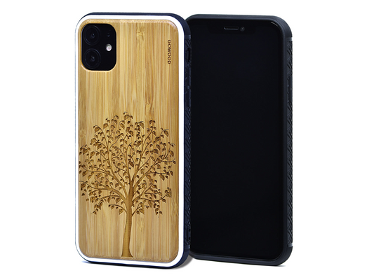 iPhone 11 wood case tree engraved bamboo backside with TPU bumper