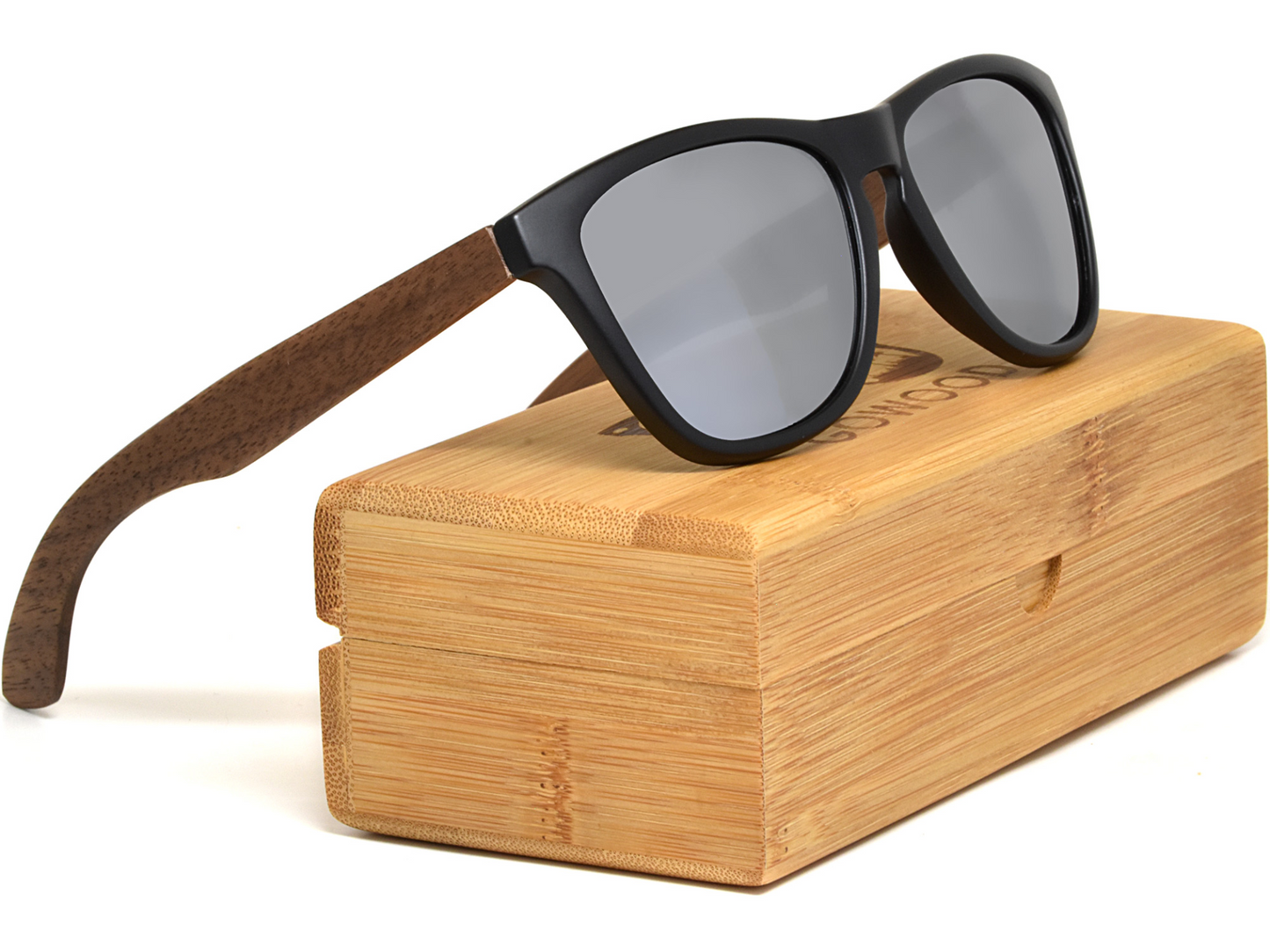 Classic walnut wood sunglasses with silver mirrored polarized lenses