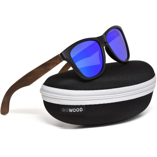 Classic walnut wood sunglasses with blue mirrored polarized lenses