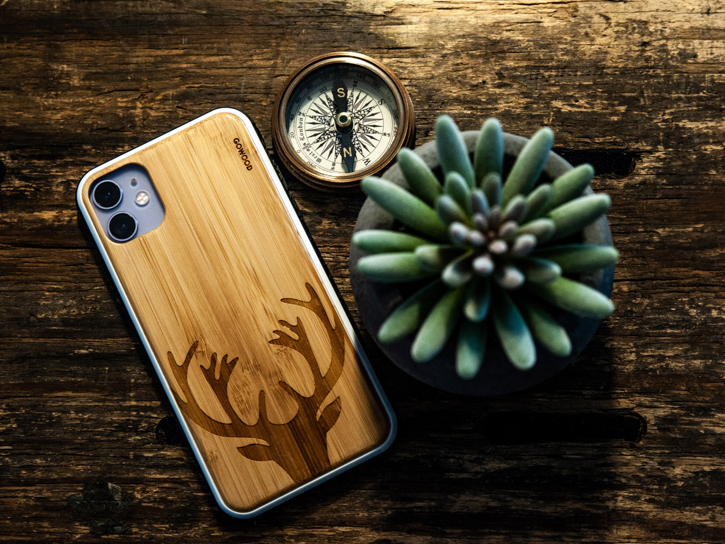 iPhone 11 wood case deer engraved bamboo backside with TPU bumper