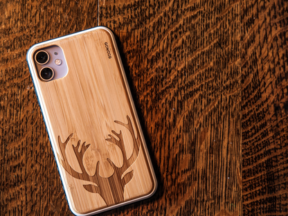 iPhone 11 wood case deer engraved bamboo backside with TPU bumper