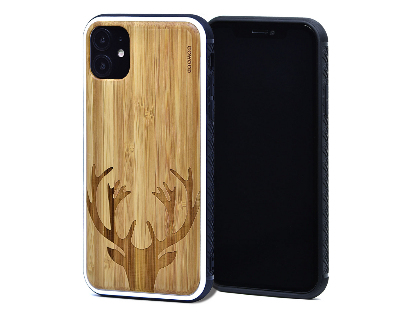 iPhone 11 wood case deer engraved bamboo backside with TPU bumper