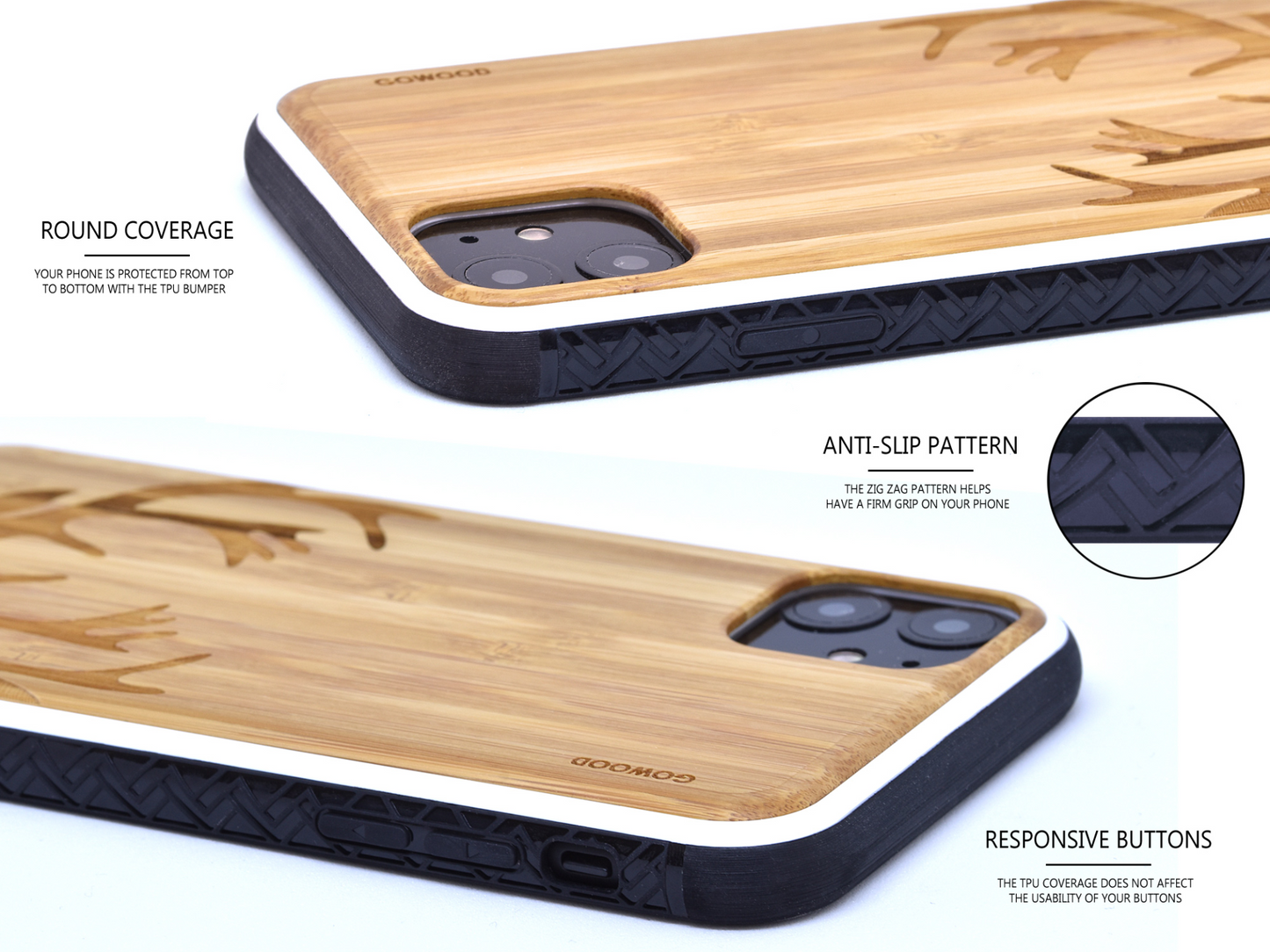 iPhone 11 wood case deer engraved bamboo backside with TPU bumper