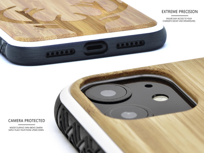 iPhone 11 wood case deer engraved bamboo backside with TPU bumper