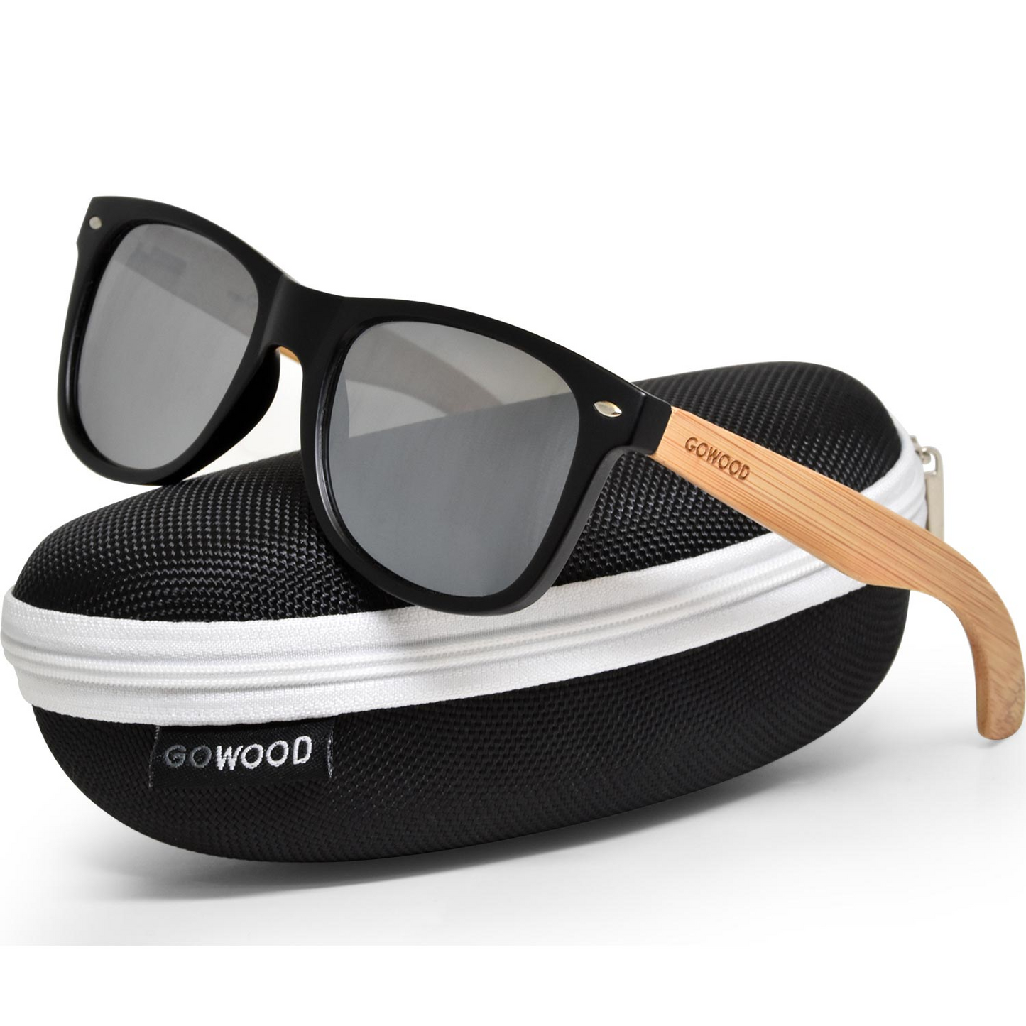 Bamboo wood classic style sunglasses with silver mirrored polarized lenses