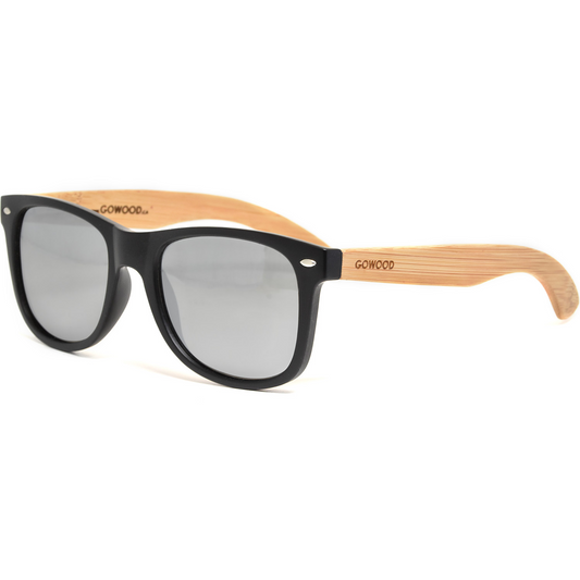 Bamboo wood classic style sunglasses with silver mirrored polarized lenses