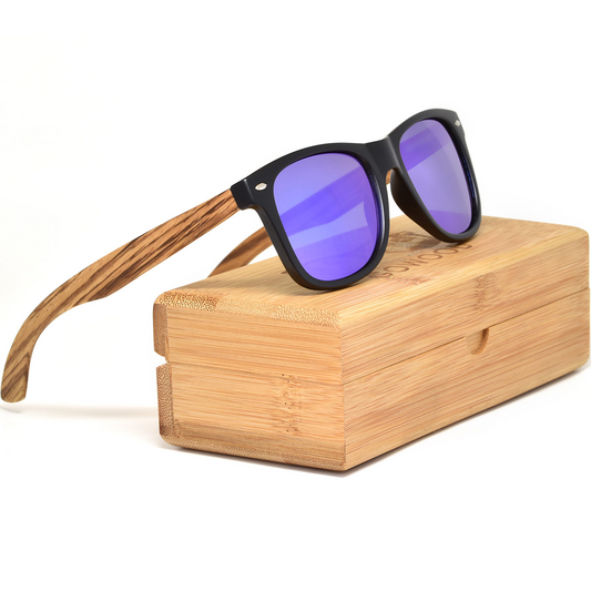 Zebra wood classic style sunglasses with blue mirrored polarized lenses