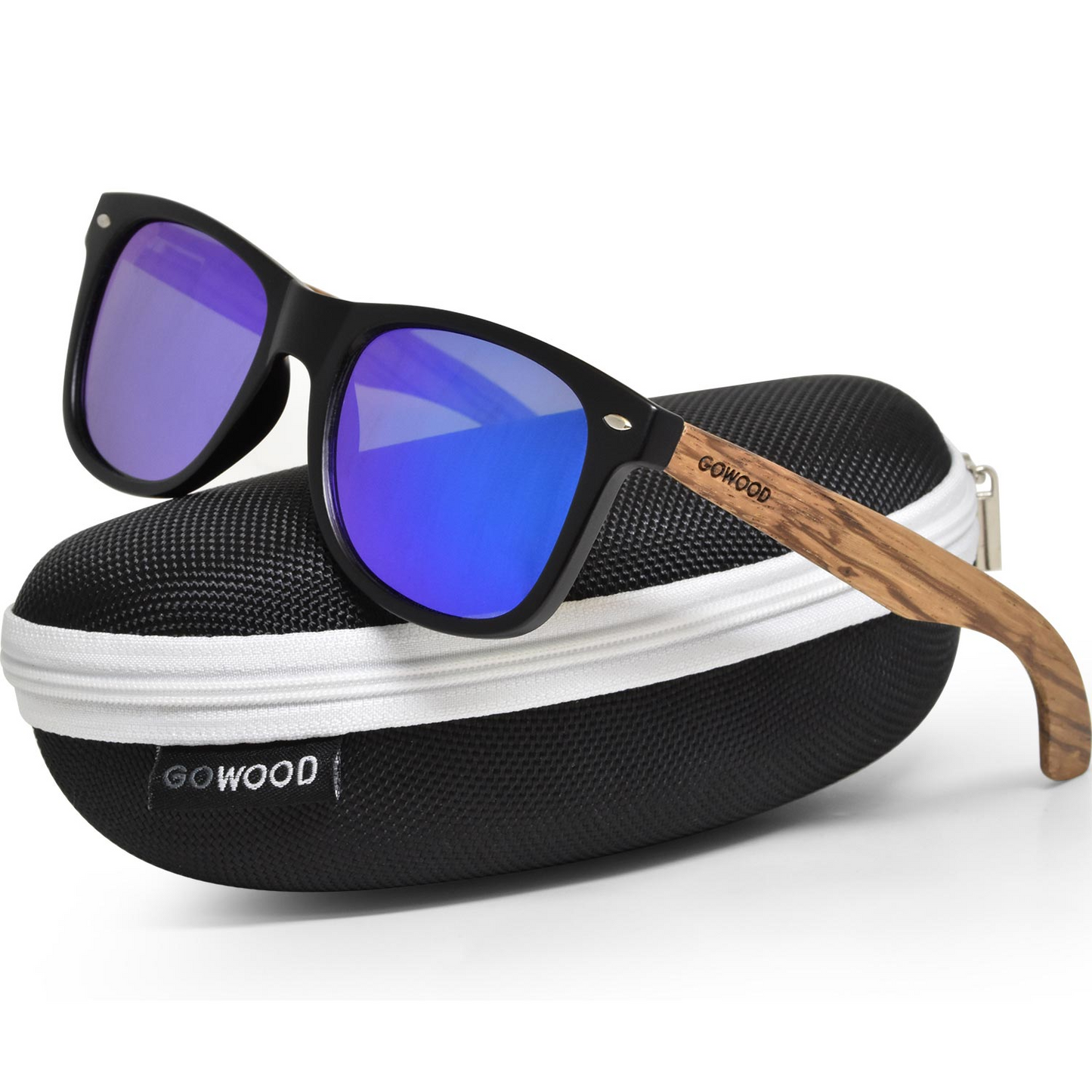 Zebra wood classic style sunglasses with blue mirrored polarized lenses