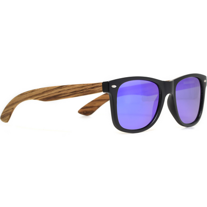 Zebra wood classic style sunglasses with blue mirrored polarized lenses