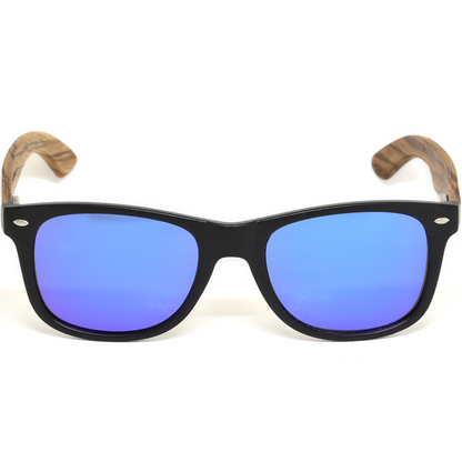 Zebra wood classic style sunglasses with blue mirrored polarized lenses