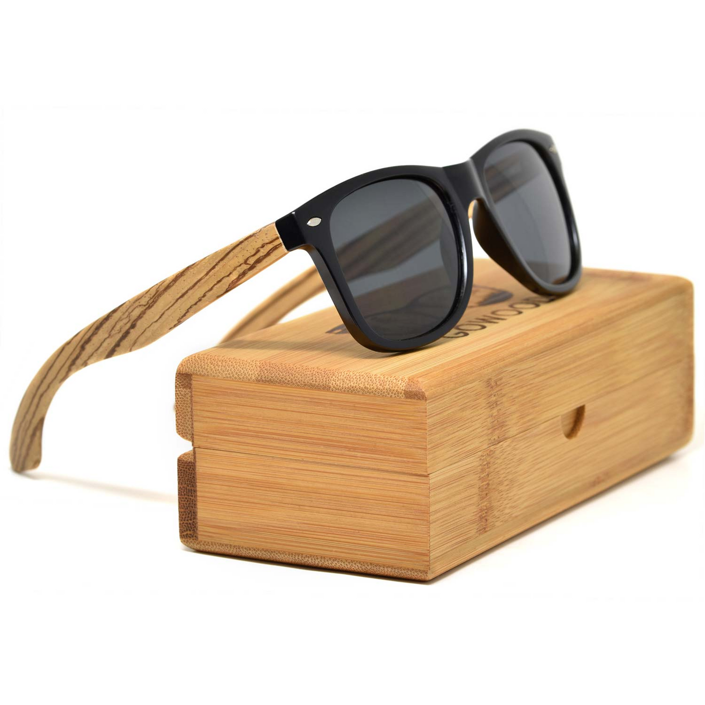 Zebra wood classic style sunglasses with black polarized lenses