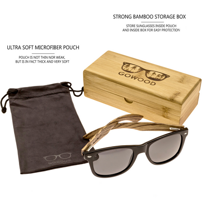 Zebra wood classic style sunglasses with black polarized lenses