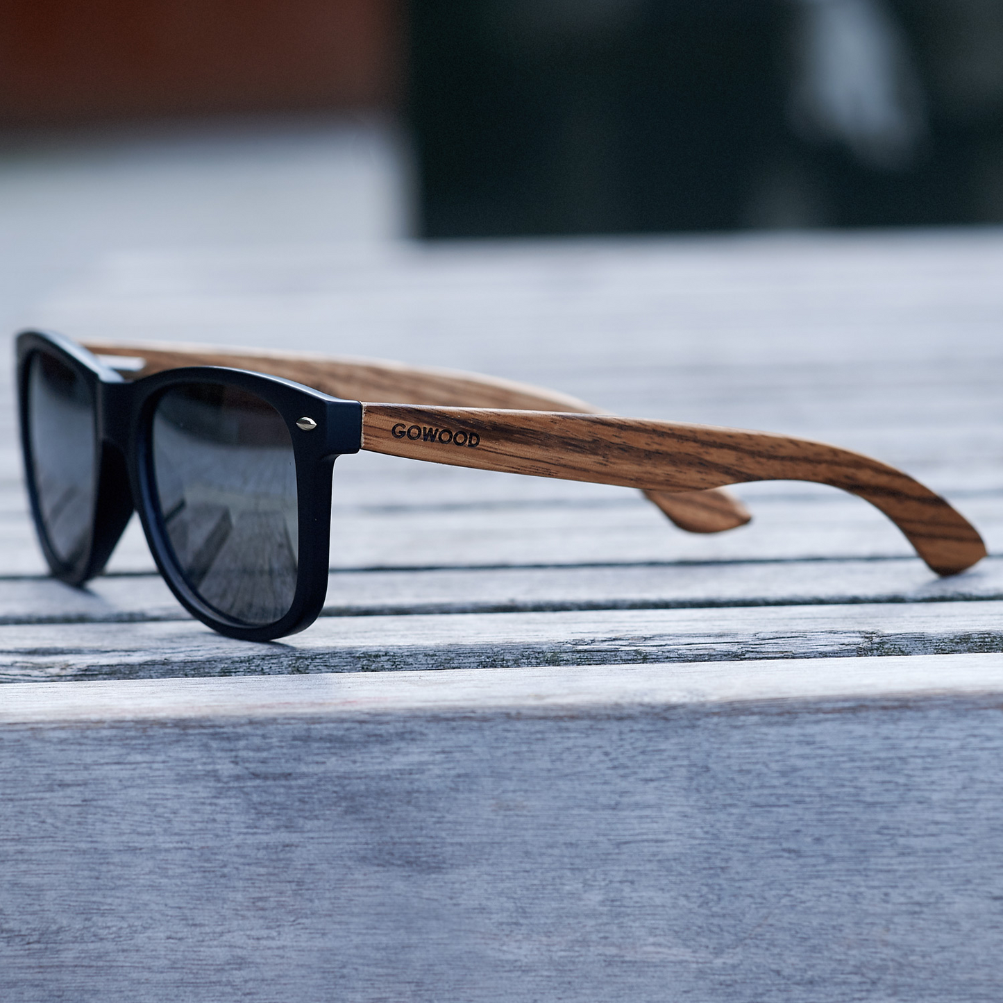 Zebra wood classic style sunglasses with black polarized lenses