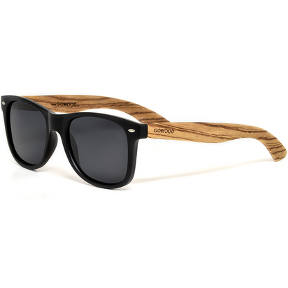 Zebra wood classic style sunglasses with black polarized lenses