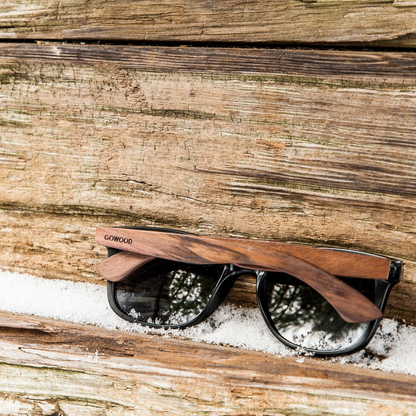 Walnut wood classic style sunglasses with black polarized lenses