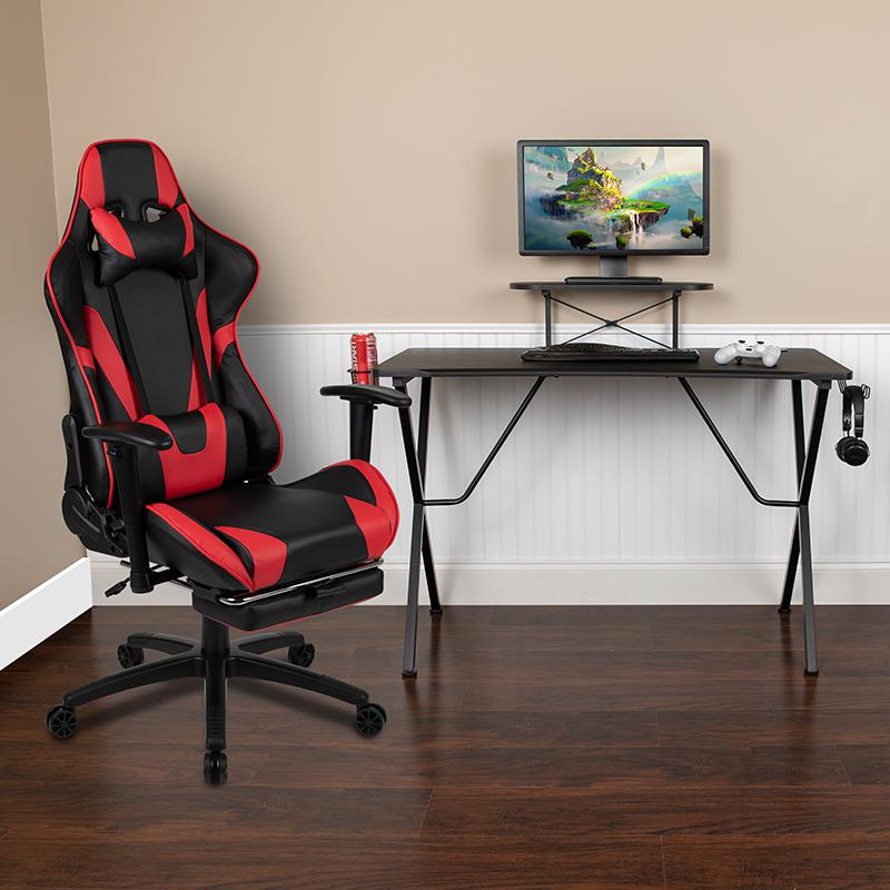 Black Gaming Desk and Red/Black Footrest Reclining Gaming Chair Set with Cup Holder, Headphone Hook, & Monitor/Smartphone Stand